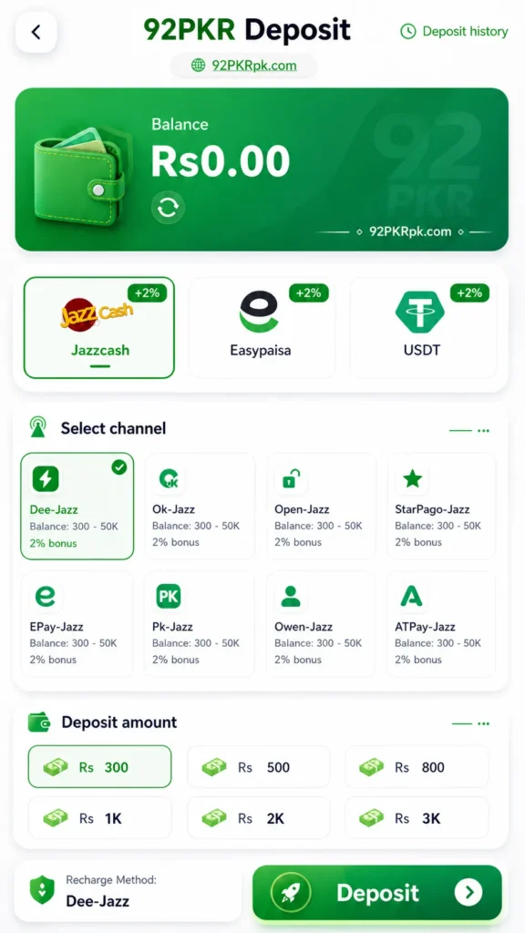 92PKR Deposit screen showing balance, JazzCash, Easypaisa, USDT payment options, and deposit amounts.