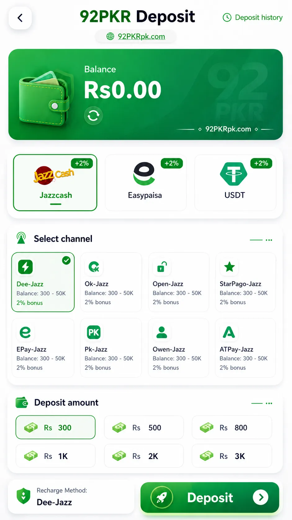 92PKR deposit wallet screen with EasyPaisa and JazzCash recharge options