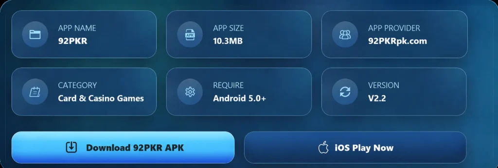 92PKR Download (92PKR Checklist) section showing app name, 10.3 MB size, Android 5.0 requirement, V2.2 version, and download APK button