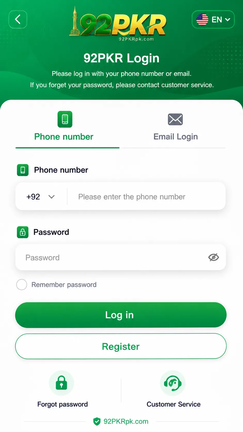 92PKR game login screen with mobile number login and register options