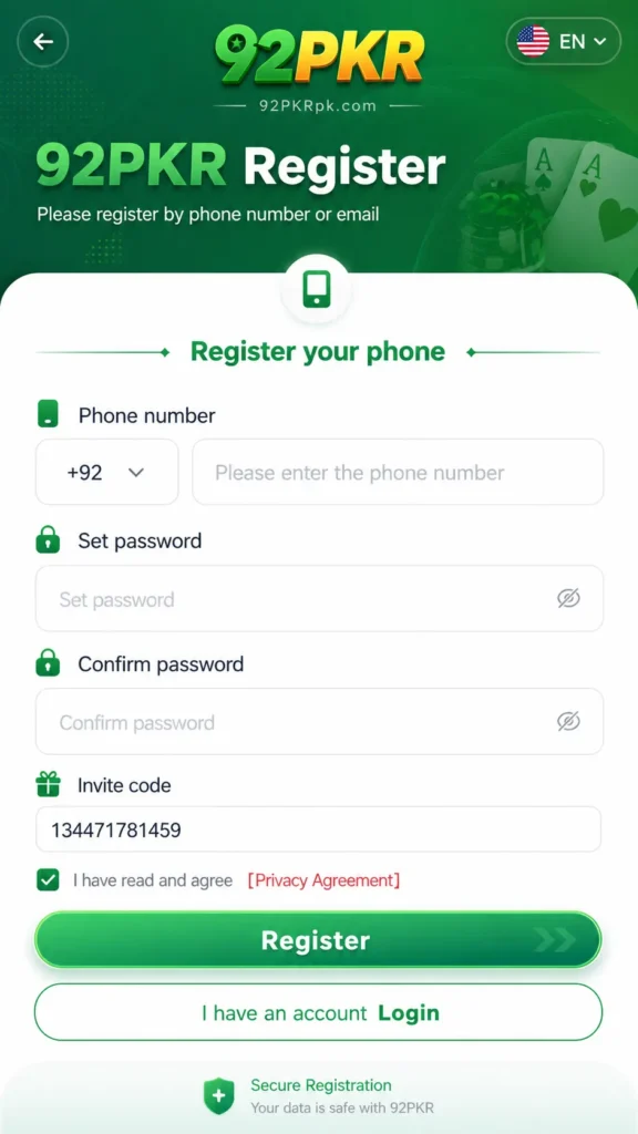 92PKR Register screen showing phone number signup form, password fields, invite code, and login option.