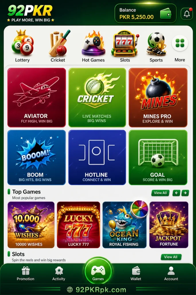92PKR games screen showing lottery, cricket, hot games, slots, sports, and top games.