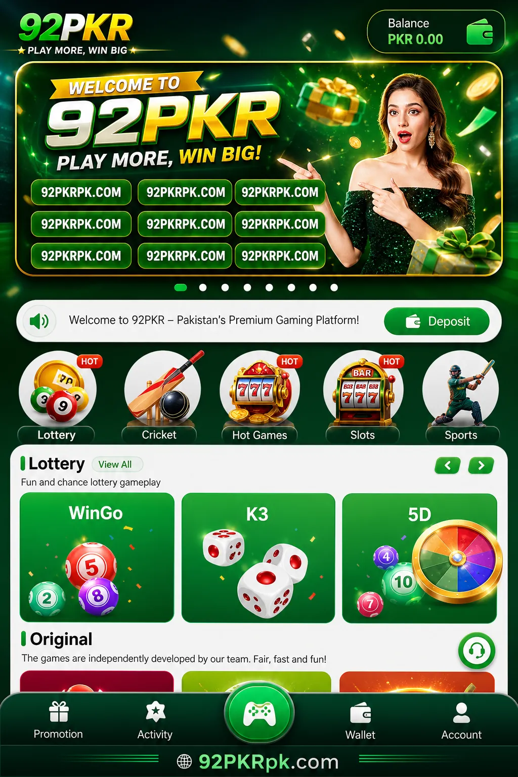 92PKR game lobby screen with casino games, slots, deposit and withdraw menu